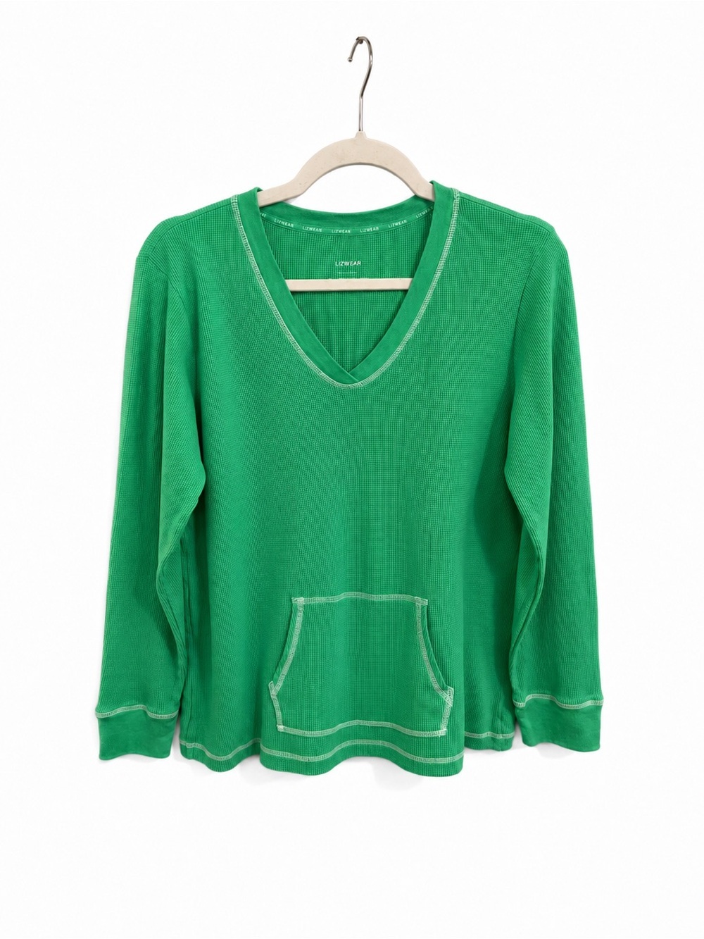 V-Neck Thermal Top in Green by Liz Wear, Kangaroo Pocket White Stitching 💚💚